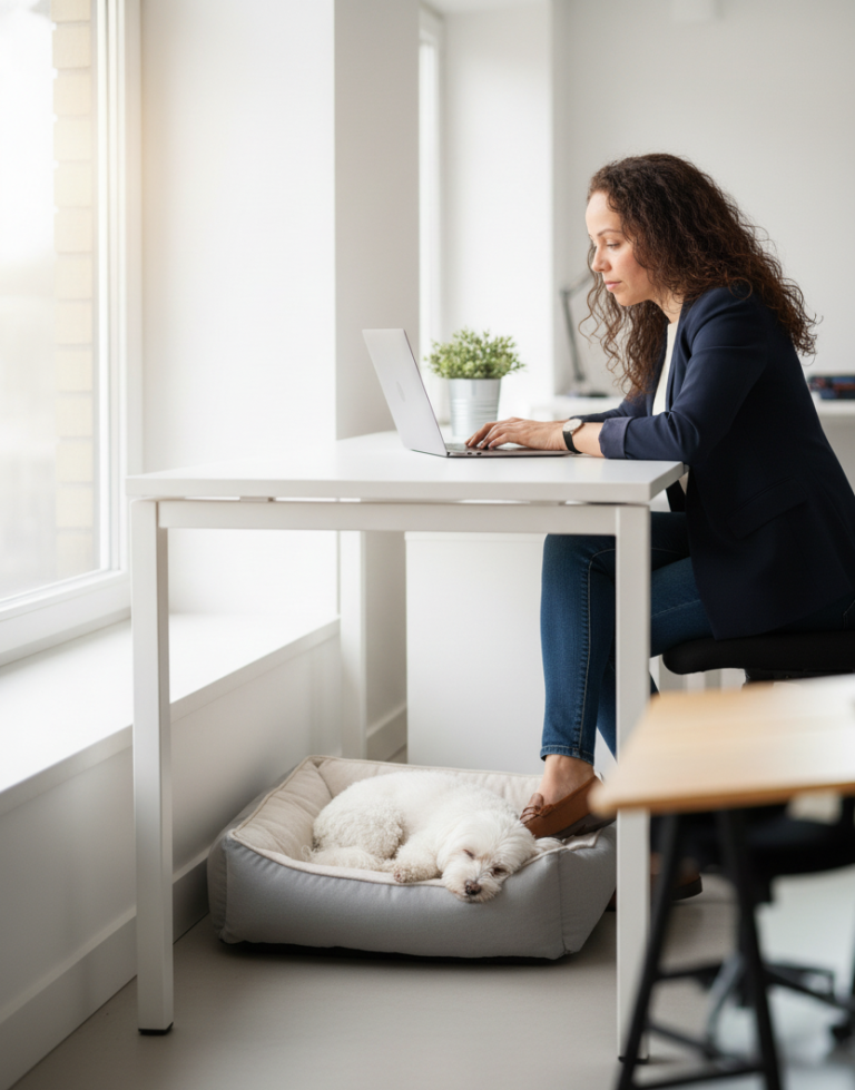 Frau am Schreibtisch mit Laptop, ein Hund liegt im Hundebett daneben.